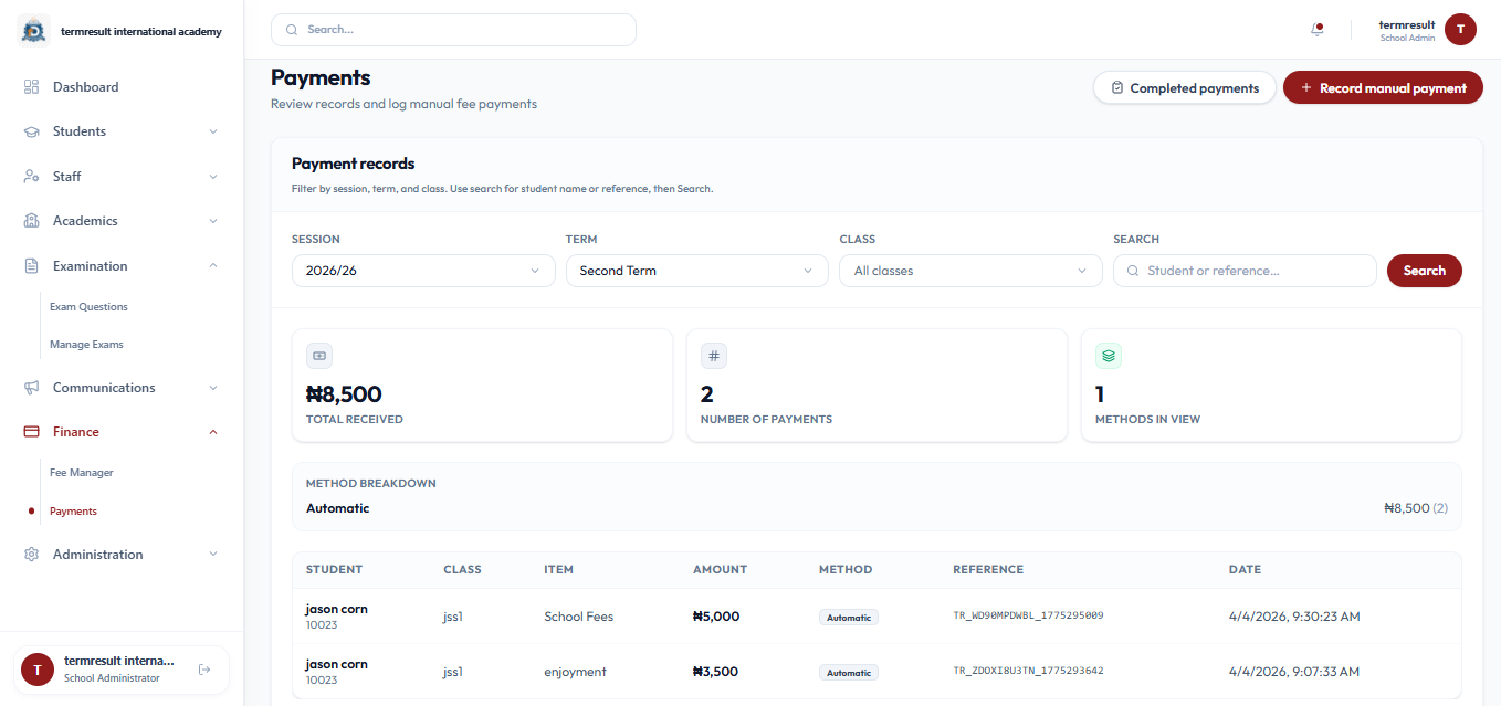 Fee management — TermResult